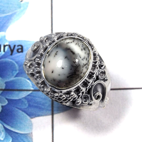 Dendritic Agate Cab B - NSR996 - Solid 925 Sterling Silver Natural Dendritic Agate Gemstone Designer Ring