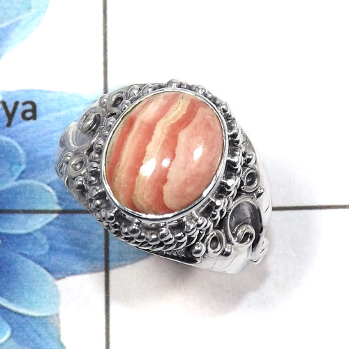 Rhodochrosite Cab C - NSR996 - Awesome Natural Pink Rhodochrosite Cab Gemstone 925 Sterling Silver Designer Ring