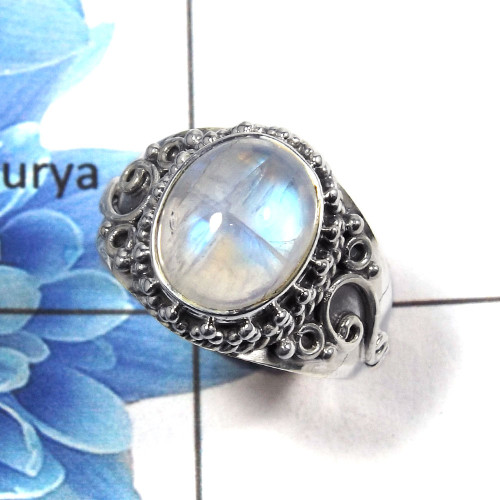 Rainbow Moonstone Cab D - NSR996 - Natural Blue Fire Rainbow Moonstone Gemstone 925 Sterling Silver Designer Ring