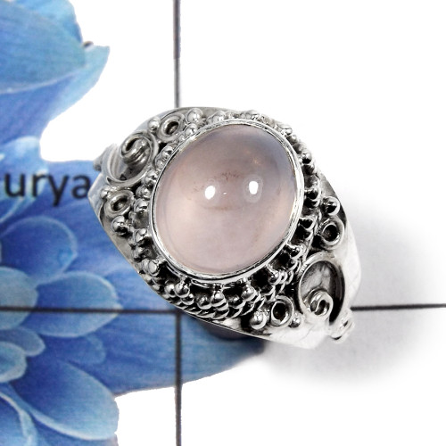 Rose Quartz Cab O - NSR996 - Solid 925 Sterling Silver Natural Rose Quartz Oval Cab Gemstone Designer Ring