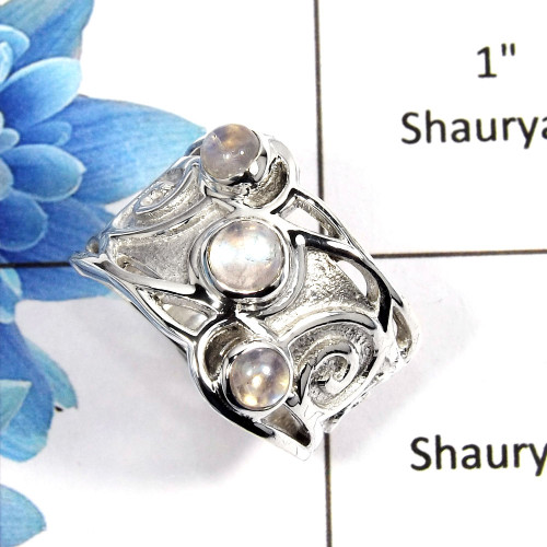 Rainbow Moonstone Cab A - NSR997 - Natural Rainbow Moonstone Gemstone 925 Sterling Silver Three Gemstone Ring