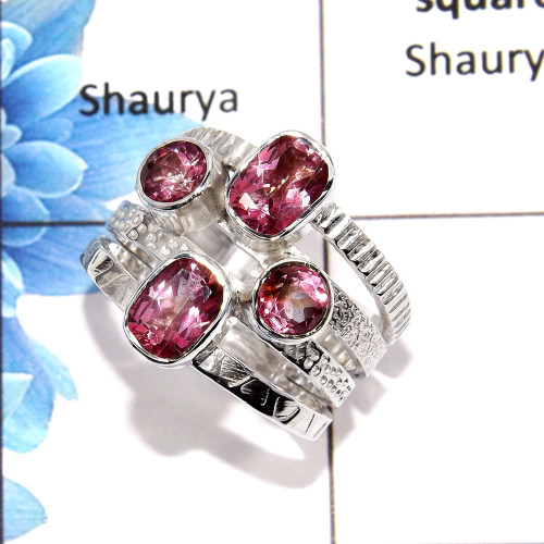 Pink Topaz Cut P - NSR998 - Solid 92.5% Sterling Silver Natural Pink Topaz Cut Gemstone Handmade Ring