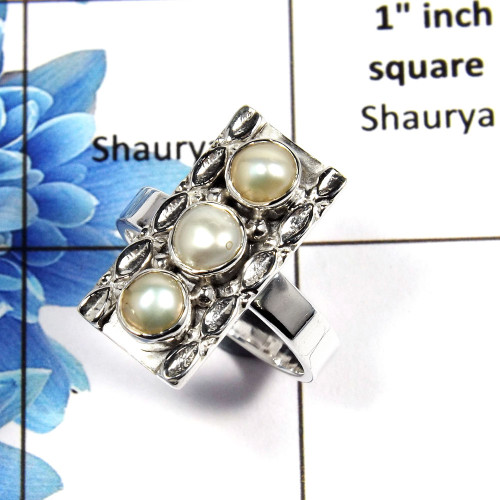 Pearl Cab C - NSR999 - Natural Freshwater Pearl Cab Gemstone Solid 925 Sterling Silver Handmade Ring