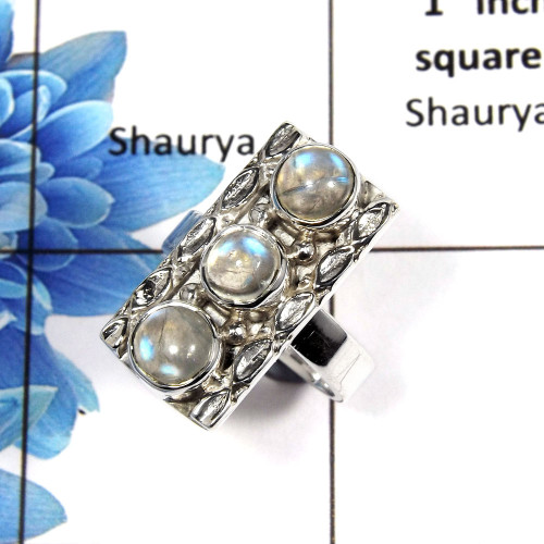 Rainbow Moonstone Cab F - NSR999 - 6mm Round Cab Natural Blue Fire Rainbow Moonstone Gemstone 925 Sterling Silver Ring