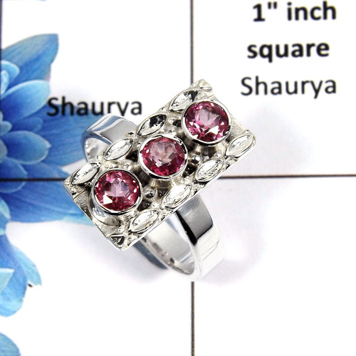 Pink Topaz Cut O - NSR999 - Awesome Natural Pink Topaz Cut Gemstone 925 Sterling Silver Three Gemstone Ring