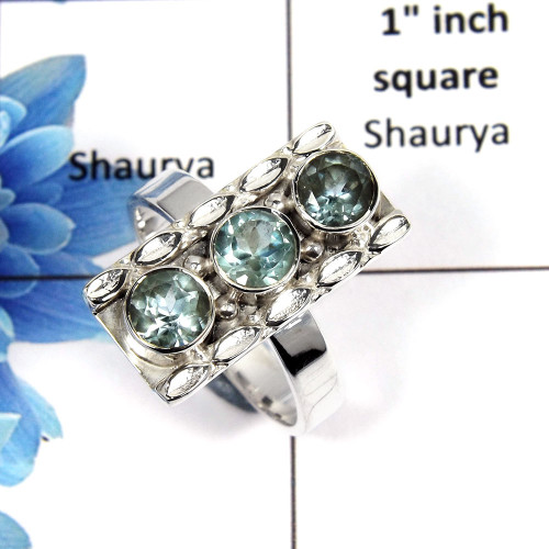 Blue Topaz Cut P - NSR999 - Solid 92.5% Sterling Silver Natural Blue Topaz Round Cut Gemstone Designer Ring