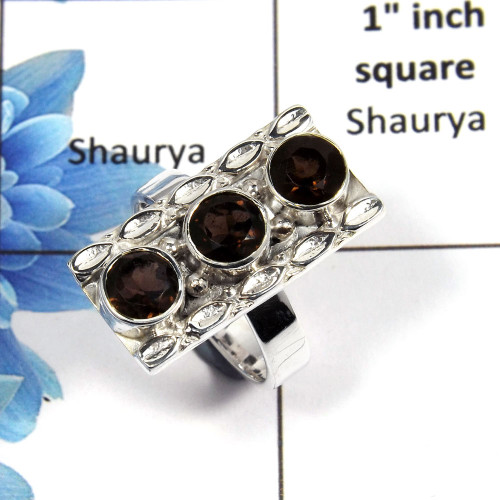 Smokey Cut Q - NSR999 - Excellent Natural Brown Smokey Cut Gemstone Solid 92.5% Sterling Silver Ring