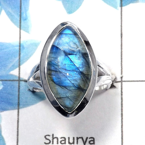 Labradorite Cab A - PSR726 - Natural Blue Fire Labradorite Gemstone Plain Setting Ring 925 Sterling Silver