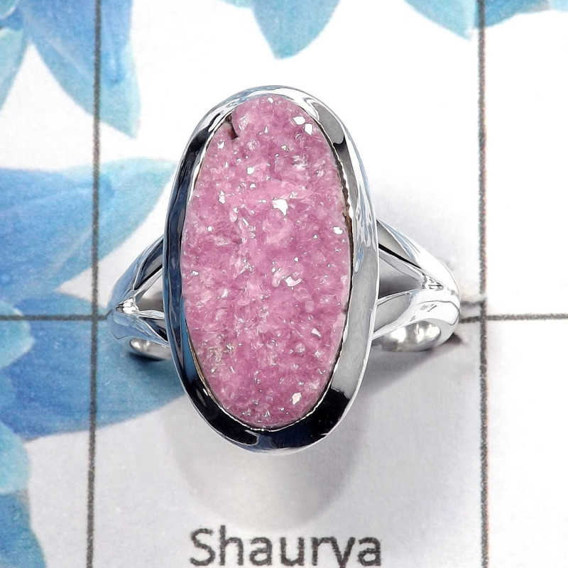 Cobalt Druzy B - PSR726 - Natural Pink Coblat Druzy Gemstone 925 Sterling Silver Plain Setting Ring