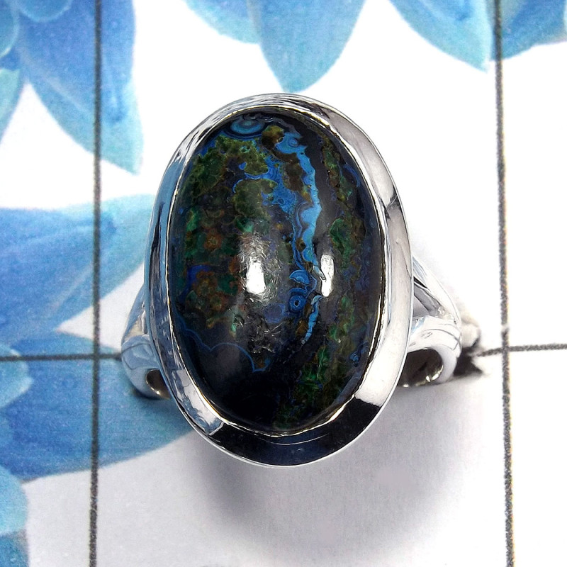 Azurite Cab I - PSR726 - Exclusive Natural Azurite Cab Gemstone 925 Sterling Silver Plain Setting Ring Azurite Cab I - PSR726 - Exclusive Natural Azurite Cab Gemstone 925 Sterling Silver Plain Setting Ring