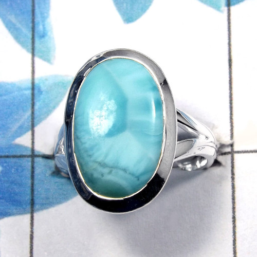 Larimar Cab O - PSR726 - Amazing Natural Tibet Turquoise Gemstone Plain Setting Ring 925 Sterling Silver