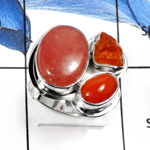 Rhodochrosite-C PSR735-Gorgeous Three Stone Factory Wholesale Ring 925 Sterling Silver