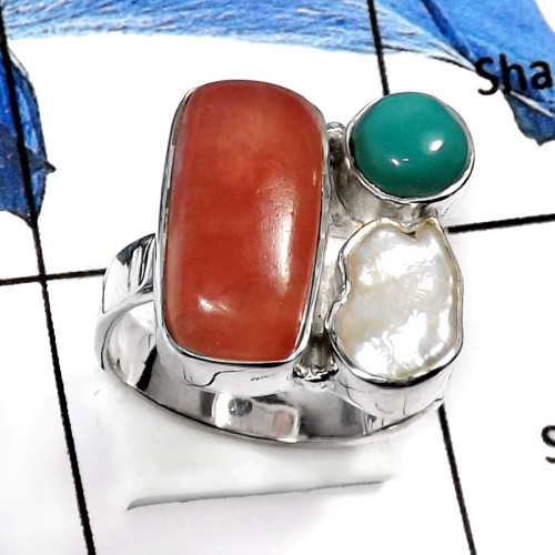 Rhodochrosite-D PSR735-Stunning Three Stone Plain Setting Ring 925 Sterling Silver