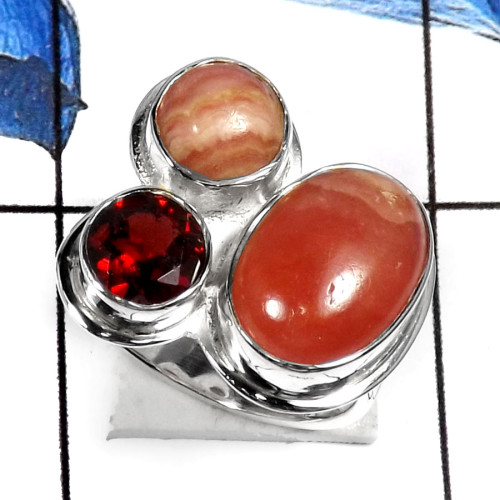 Rhodochrosite-K PSR735-Natural Cabochon Gemstone Plain Ring 925 Sterling Silver