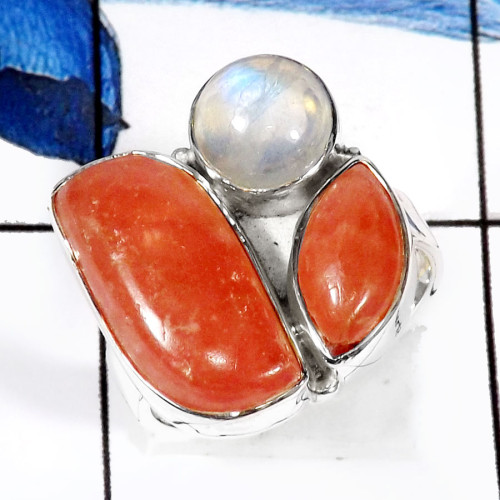 Rhodochrosite-O PSR735-Eye Catching Three Stone Wholesale Ring 925 Sterling Silver