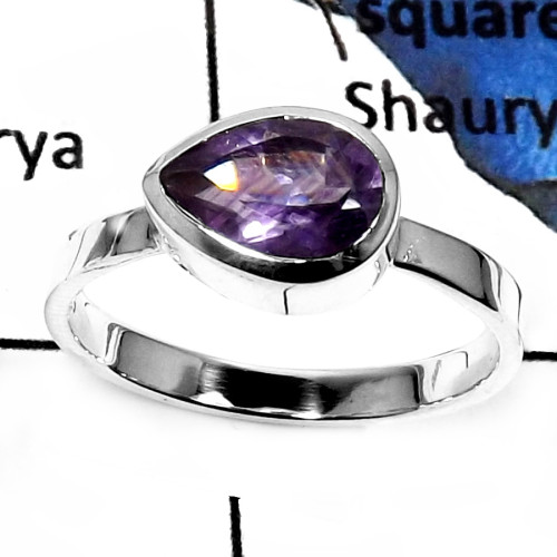 Amethyst Cut H-PSR736- New Look Cut Amethyst Stone Ring 925 Sterling Silver