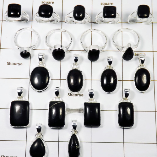 Shungite Combo Lot  - PWL002-Genuine Shungite Gemstone Solid 925 Sterling Silver 10 pcs Pendant 9 Pcs Ring Combo Lot