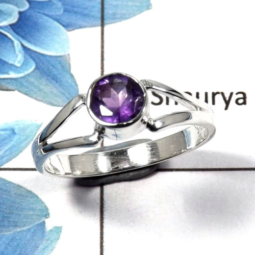 Amethyst Cut B - RBS845 - Solid 925 Sterling Silver Natural Purple Amethyst Cut Gemstone Light Weight Ring
