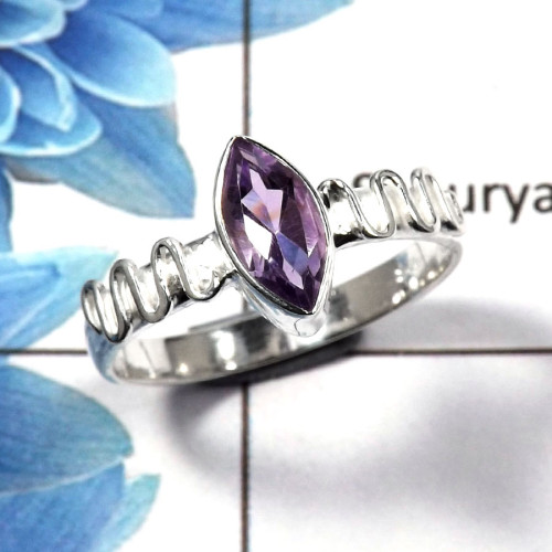 Amethyst Cut D - RBS845 - Party Look Natural Purple Amethyst Marquise Cut Gemstone 925 Sterling Silver Ring