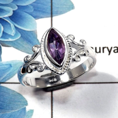 Amethyst Cut I - RBS845 - 5x10mm Natural Amethyst Cut Gemstone Solid 925 Sterling Silver Light Weight Ring