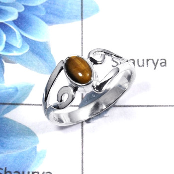 Tiger Eye Cab E - RBS849 - Indian Company Made Solid 925 Sterling Silver Designer Tiny Ring