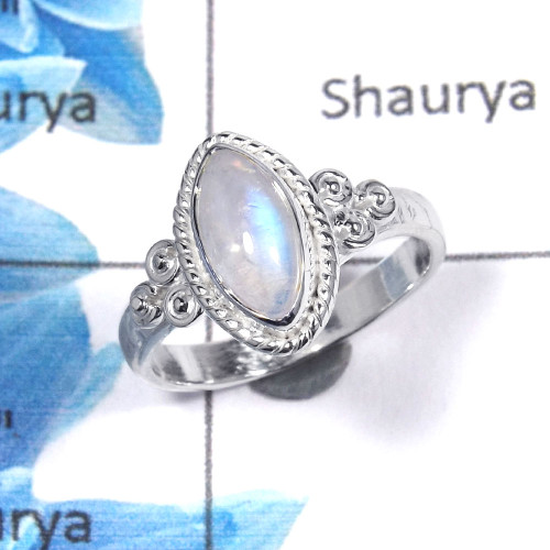 Rainbow Moonstone Cab H - RBS851 - Stunning Solid 925 Sterling Silver Natural Blue Fire Rainbow Moonstone Tiny Ring