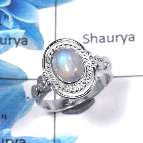 Rainbow Moonstone Cab I - RBS851 - Magical Natural Blue Fire Rainbow Moonstone Solid 925 Sterling Silver Tiny Ring