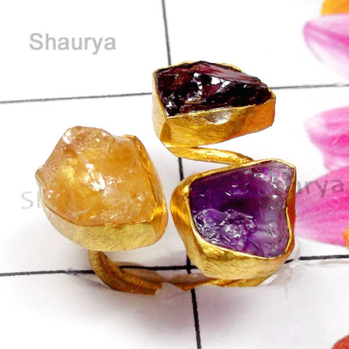 Citrine Rough o - RGP998-Precious Gemstone Gold Plated Ring