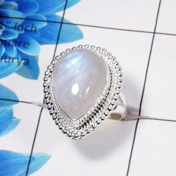 Rainbow Moonstone Cab C- RSS775-Natural Blue Fire Rainbow Moonstone 925 Sterling Silver Handmade Ring