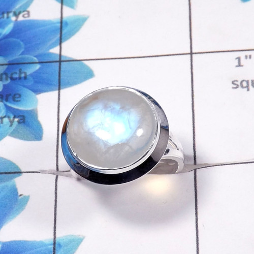 Rainbow Moonstone Cab O- RSS781-Solid 925 Sterling Silver Plain Setting Handmade Wholesale Ring