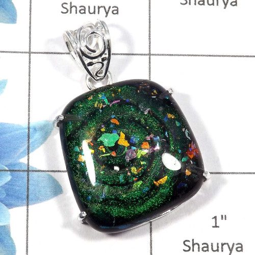Dichroic Glass SALE797 - Solid 92.5% Sterling Silver Natural Dichroic Glass Gemstone Prong Pendant