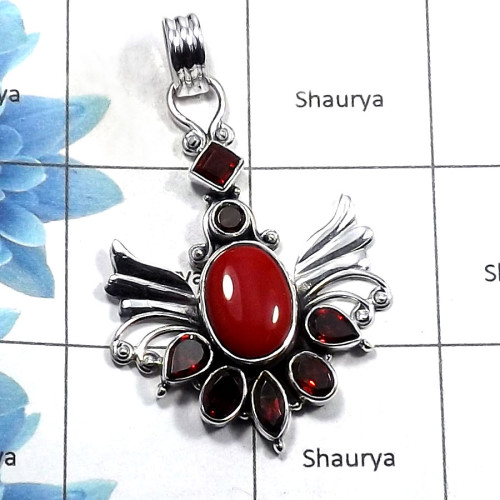 Coral & Garnet SALE827 - Natural Coral & Garnet Gemstone Solid 925 Sterling Silver Designer Pendant New Year Sale