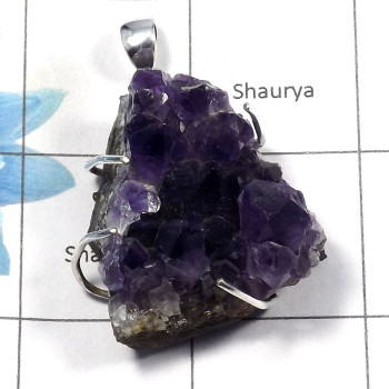 Amethyst Druzy SALE828 - Solid 92.5% Sterling Silver Natural Amethyst Druzy Gemstone Prong Setting Pendant