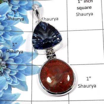 Blue Mystic & Utah Coral - SALE924 - Natural Blue Mystic & Utah Coral Gemstone 925 Sterling Silver Plain Setting Pendant