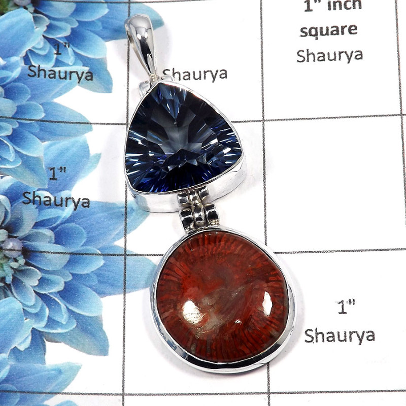 Blue Mystic & Utah Coral - SALE924 - Natural Blue Mystic & Utah Coral Gemstone 925 Sterling Silver Plain Setting Pendant Blue Mystic & Utah Coral - SALE924 - Natural Blue Mystic & Utah Coral Gemstone 925 Sterling Silver Plain Setting Pendant