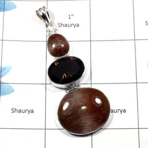 Bio Rutile & Smokey - SALE925 - Christmas Sale Indian Company Made Solid 925 Sterling Silver Plain Setting Pendant Bio Rutile & Smokey - SALE925 - Christmas Sale Indian Company Made Solid 925 Sterling Silver Plain Setting Pendant