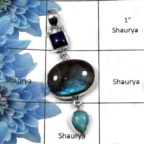 Labradorite , Larimar , Lapis Cab - SALE942 Stunning Mix Cab Gemstone Designer Wholesale Pendants 925 Sterling