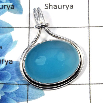 Blue Chalcedony - SALE990 - Awesome Natural Blue Chalcedony Gemstone 925 Sterling Silver Plain Setting Pendant