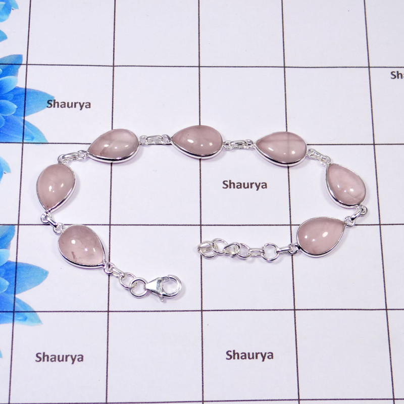 Rose Quartz Bracelet G - SBB888-Natural Pink Rose Quartz 925 Sterling Silver Bezel Set Handmade Wholesale Bracelet Rose Quartz Bracelet G - SBB888-Natural Pink Rose Quartz 925 Sterling Silver Bezel Set Handmade Wholesale Bracelet