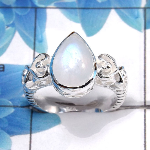 Rainbow Moonstone Cab A - SCR761 - Natural Rainbow Moonstone Gemstone Solid 925 Sterling Silver Casting Ring