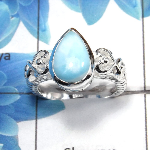Larimar Cab B - SCR761 - Natural Blue Larimar 9x13mm Pear Cab Gemstone 925 Sterling Silver Casting Ring