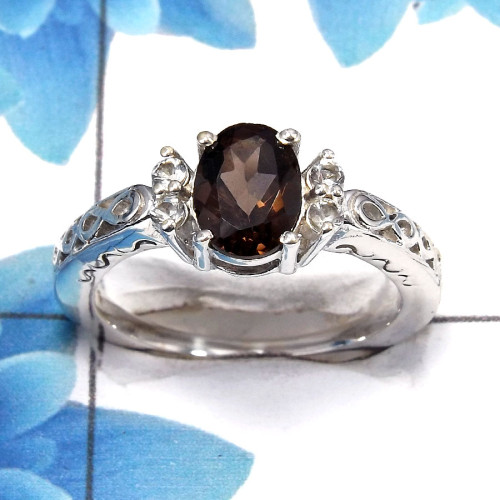 Smokey Cut D - SCR762 - Newly Arrival Natural Brown Smokey Cut Gemstone 925 Sterling Silver Casting Ring Smokey Cut D - SCR762 - Newly Arrival Natural Brown Smokey Cut Gemstone 925 Sterling Silver Casting Ring