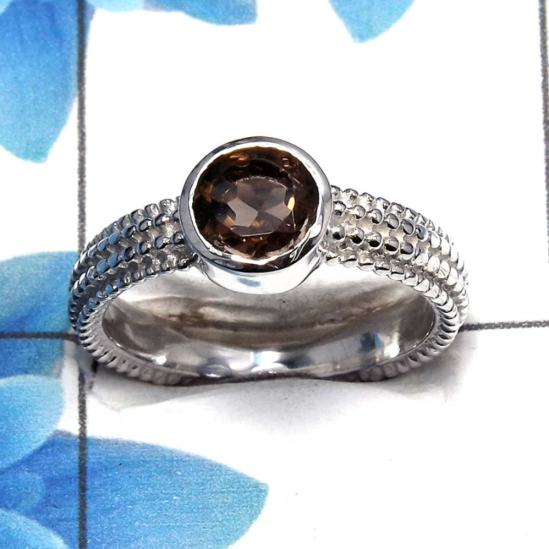 Smokey Cut E - SCR763 - Latest Collection Natural Brown Smokey Cut Gemstone 925 Sterling Silver Casting Ring