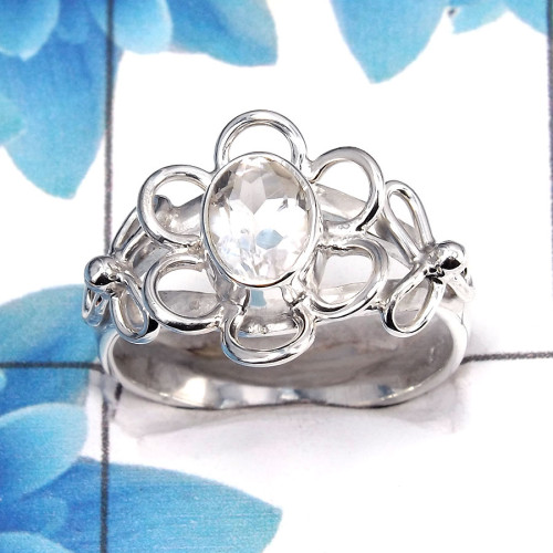 Crystal Cut Cut A - SCR764 - Natural White Crystal Cut Gemstone 925 Sterling Silver Flower Design Casting Ring