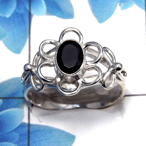 Black Onyx Cut B - SCR764 - Solid 925 Sterling Silver Natural Black Onyx Cut Gemstone Flower Design Casting Ring