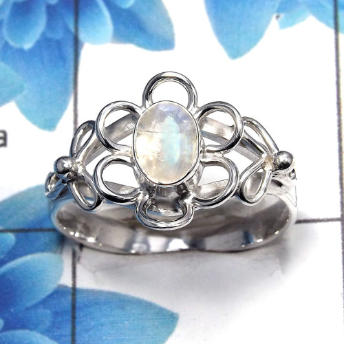 Rainbow Moonstone Cut C - SCR764 - Natural Blue Fire Rainbow Moonstone Cut Gemstone 925 Silver Flower Design Casting Ring