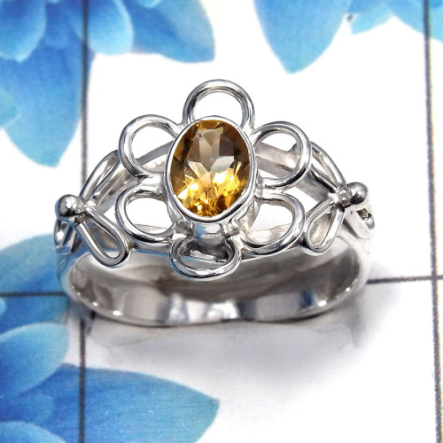 Citrine Cut D - SCR764 - Natural Citrine 5x7mm Oval Cut Gemstone 925 Sterling Silver Flower Design Casting Ring