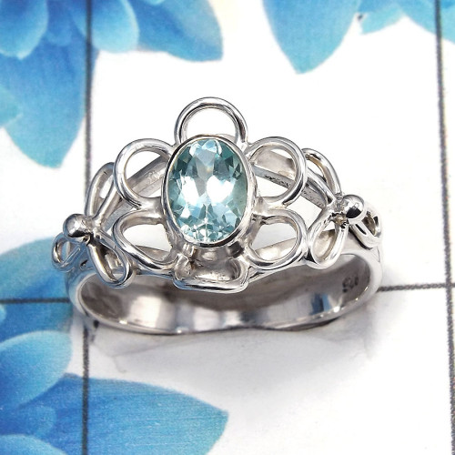 Blue Topaz Cut E - SCR764 - Gorgeous Natural Blue Topaz Cut Gemstone 925 Sterling Silver Flower Design Casting Ring