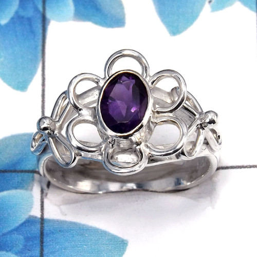 Amethyst Cut F - SCR764 - Indian Company Made Solid 925 Sterling Silver Flower Design Casting Ring