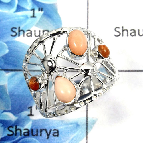 Pink Opal & Sunstone Cab D - SCR765 - Indian Company Made Solid 925 Sterling Silver Casting Design Ring